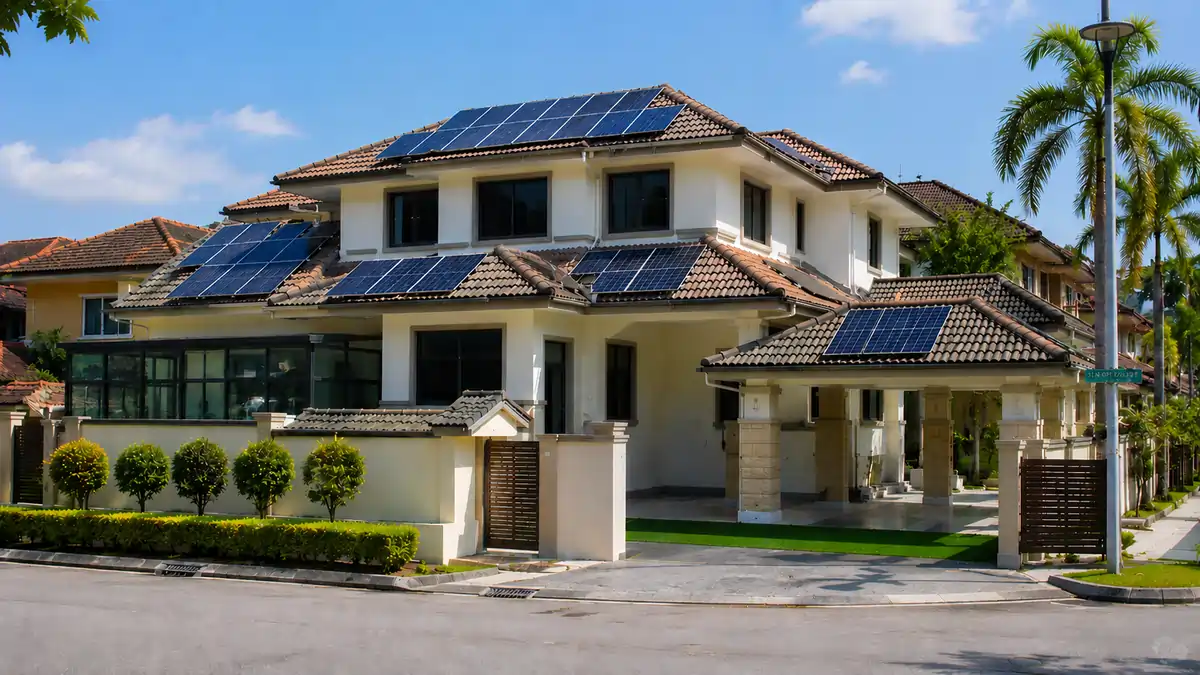 Solar panels installed on the roof of a bungalow in Malaysia
