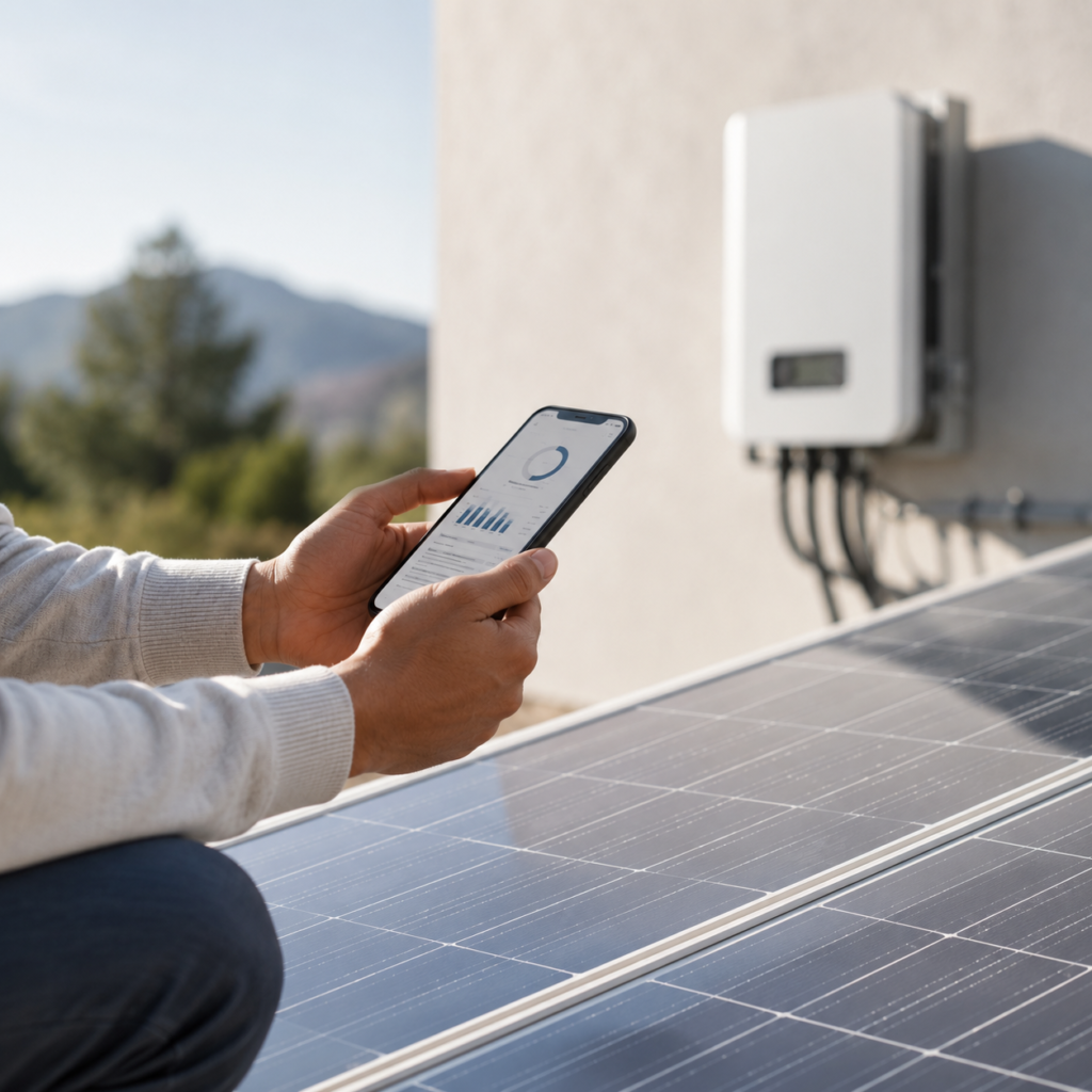 Person checking solar energy consumption on a phone beside rooftop solar panels