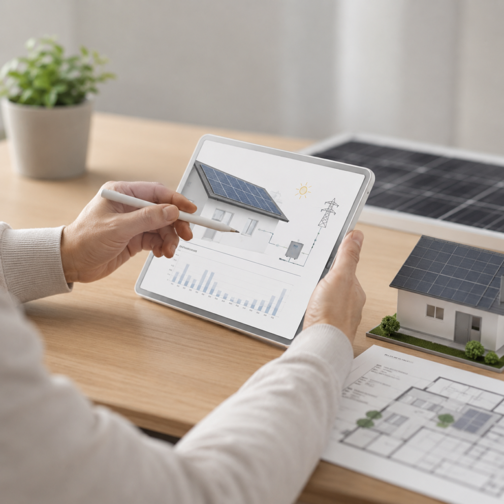Person reviewing a roof solar design plan on a tablet