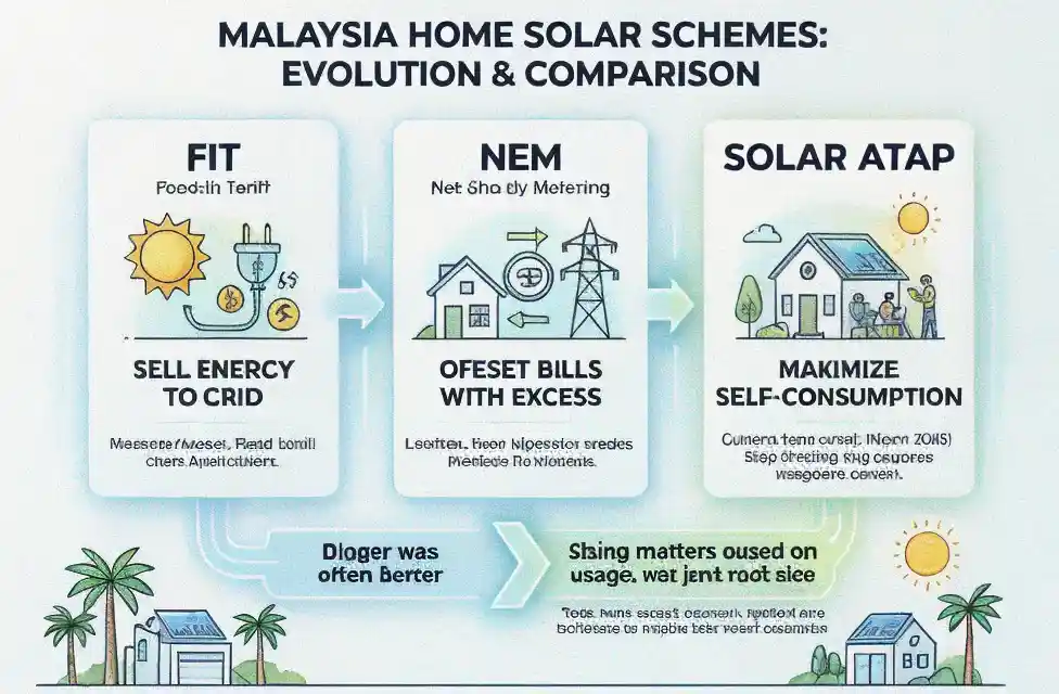 Malaysia home solar schemes comparison showing FiT, NEM and Solar ATAP, including the shift from energy selling and bill offset to self-consumption first.