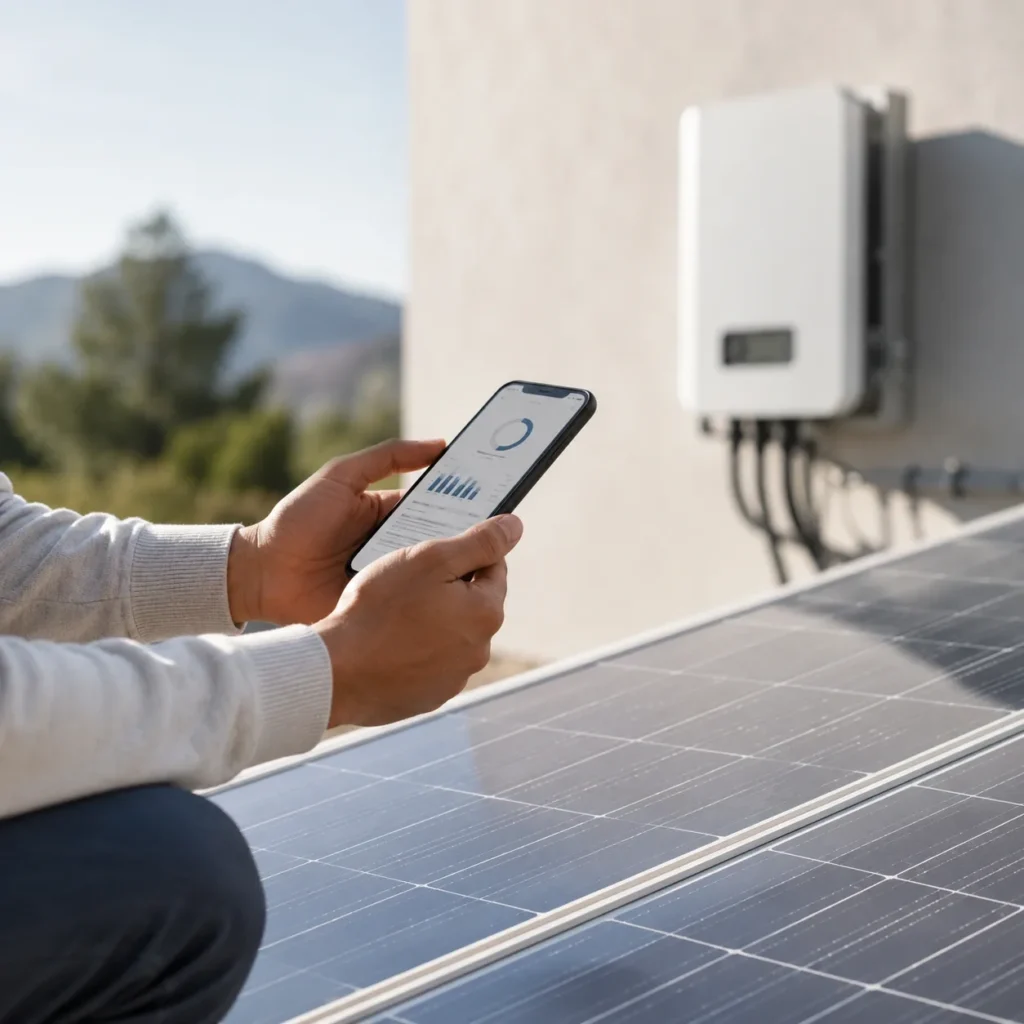 Person checking solar energy consumption on a phone beside rooftop solar panels