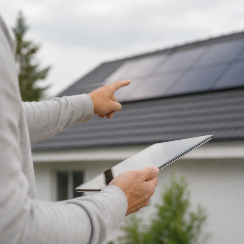Person using a tablet to evaluate rooftop solar panel performance