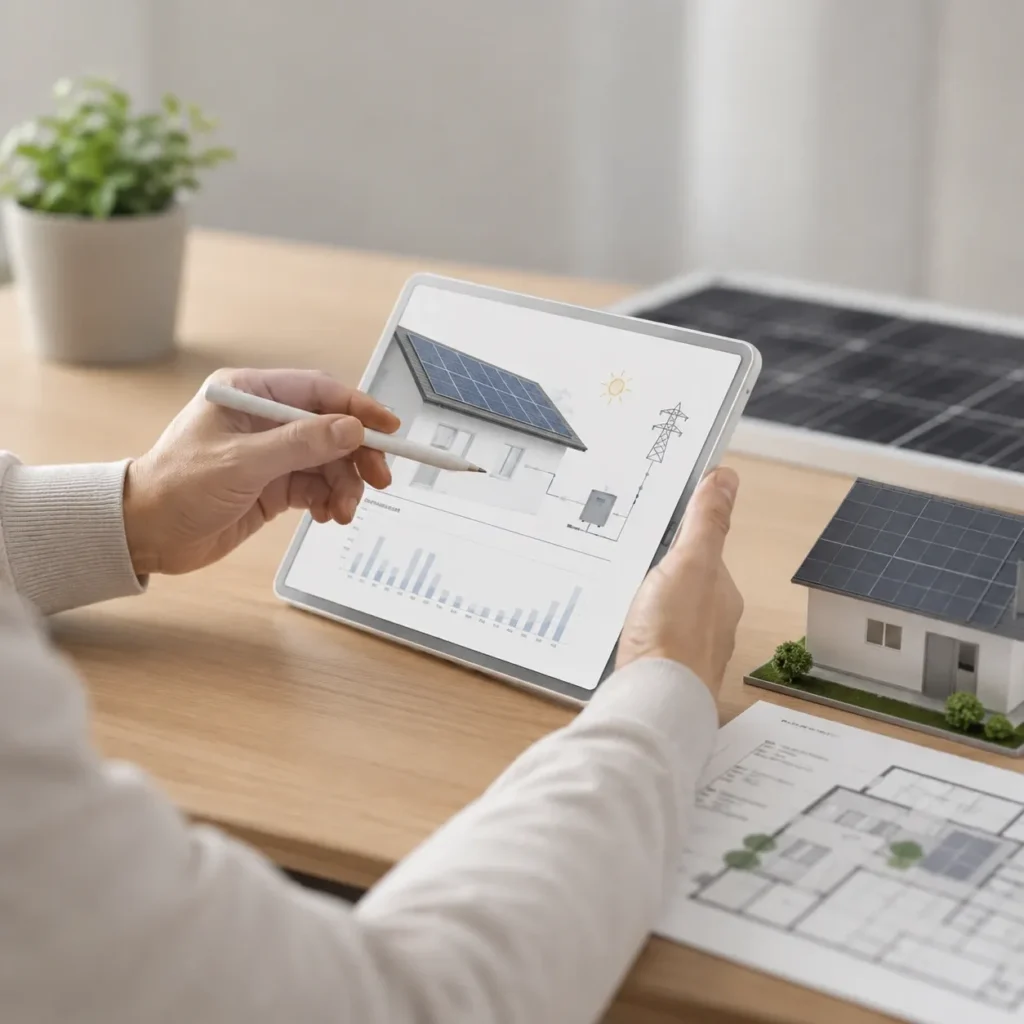 Person reviewing a roof solar design plan on a tablet